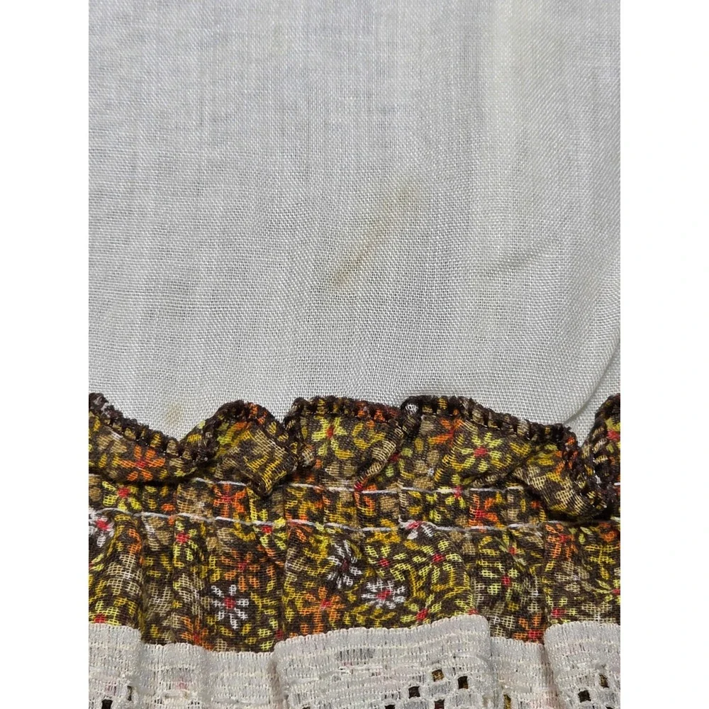 Vintage Farmhouse White Ruffle Eyelet Lace Brown Floral Calico Curtains 28x36